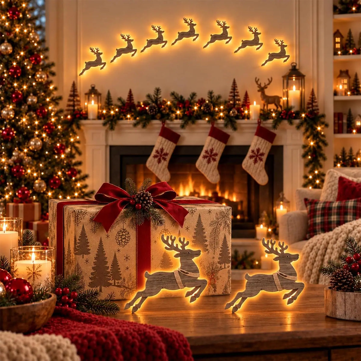 Santa Sleigh & Reindeer Glowing Wall Decor – Home Hearth Well